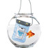 A waterproof pouch in a fishbowl, with a goldfish swimming beside it. The pouch is blue and has a logo.