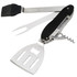 A BBQ multi tool in silver and black, featuring a spatula, brush, fork, and corkscrew, with a branding logo.