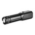 A compact black LED torch with textured grip and a push-button switch. It includes a logo on the body.