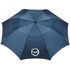 A navy blue folding auto umbrella with a round logo in the centre.