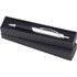 A metal pen in black and white, displayed inside a sleek black packaging box with a foam insert.