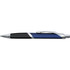 A metal pen featuring a sleek design in blue and black with a silver clip and branding.