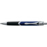A metal pen with a navy blue barrel and chrome accents, featuring a sleek design and a logo.