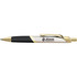 A metal pen featuring a silver and black design, with a gold clip and branding.