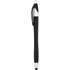 A black pen-stylus with a sleek design and silver accents, featuring a branding logo.
