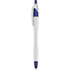 A sleek silver pen with a blue tip and clip, featuring a stylus on its end. It has a logo on the barrel.