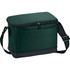 A dark green lunch cooler bag with a zippered top and an adjustable strap. It features a front pocket and a black base.