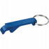 A blue aluminium bottle opener with a keyring attachment. It has a simple, streamlined design.