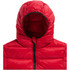 A red insulated puffer jacket for women featuring a hood and zip front, with a smooth, padded texture.