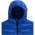 A blue insulated puffer jacket featuring a hood and a zip closure, with a logo on the front.