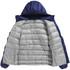 A women's puffer jacket in navy blue, featuring an insulated interior in light grey and a hood.
