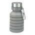 A drink bottle in grey silicone with a stainless steel cap and a carabiner. Features a collapsible design for easy storage.