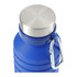 A drink bottle made of blue silicone with a stainless steel cap and a carabiner clip.