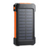 A solar power bank with a rugged black and orange design, featuring a textured surface and a solar panel on one side.