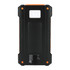 A black and orange solar power bank with textured grip surfaces and a small white light panel. It features a logo.