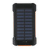 A solar power bank in black and orange, featuring a textured solar panel surface and LED indicators at the bottom.