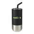 A drink bottle featuring a black exterior with a stainless steel bottom and a straw. It includes a logo on the front.