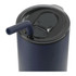 A drink bottle featuring a navy exterior, a black lid, and a stainless steel straw. It has a logo on the side.