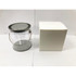 A clear PVC bucket with a silver lid and a handle, alongside a white box.