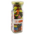 A glass tall jar filled with colourful choc beans, featuring a gold lid and a branded sticker.