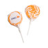 Two unbranded medium orange candy lollipops, wrapped in clear plastic with a logo on one.
