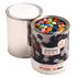 A paint tin filled with colourful choc beans, featuring a branded wrapper. The tin has a shiny silver finish.