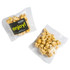 Two clear bags of caramel popcorn, with one bag displaying a branded sticker. The popcorn is a golden yellow colour.