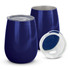 A drink bottle set featuring two deep navy travel mugs with stainless steel interiors and clear lids.