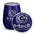 A drink bottle featuring a navy blue design with a stainless steel lid and a logo. Suitable for travel and outdoor use.