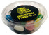 A clear tub containing various coloured jelly beans, topped with a black lid featuring a logo.