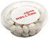 A clear tub filled with white and pastel mints, featuring a branded lid.