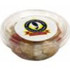 A clear tub containing a dried fruit mix, featuring various colours and a circular logo on top.