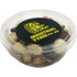A clear tub filled with a variety of yoghurt trail mix, featuring nuts and dried fruits. It has a black lid with a logo.