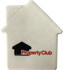 A house-shaped mint card in white with a branded logo in black and red.