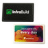 A black and white credit card-shaped mint card featuring a logo on one side and colourful graphics on the other.