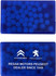 A blue credit card-shaped mint container featuring a patterned surface and a logo.