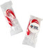 Two red and white striped candy canes in transparent packaging, featuring a logo sticker on one bag.