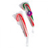Two large candy canes in red, white, and green packaging, featuring a circular logo on one.