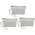 Three small fabric zip pouches in beige with blue, black, and red zip accents and wrist straps.