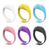 A collection of six wristbands in white, yellow, blue, pink, purple, and black, each with a brand logo.