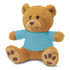 A plush teddy bear toy in brown, wearing a light blue shirt, with brown paw prints and a friendly expression.