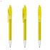 A set of three bright yellow plastic pens with a transparent barrel and silver tips. Each pen features a clip and button mechanism.