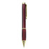 A metal pen in a deep red colour with gold accents and a clip, featuring a brand logo.