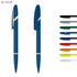 Two blue plastic pens are displayed, alongside a range of pens in various colours including green, red, and yellow. Each pen has a distinctive design and a logo.