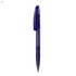 A plastic pen featuring a transparent purple body and a gold ballpoint tip, including a clip and branding.