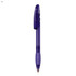 A plastic pen in a transparent purple casing with a clip and gold tip. Features a logo on the barrel.