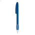 A blue plastic pen with a clip and a silver tip, featuring branding on the barrel.
