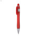 A red plastic pen with a clear barrel and silver accents, featuring a clip and a rounded top.