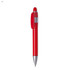 A red plastic pen with a silver clip and tip, featuring a logo on the barrel.