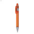 An orange plastic pen with a silver tip and a clip, featuring a logo on its side.